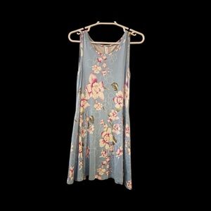 Lt Sky Blue Floral Sundress Dress Small Purple White Flowers Green Flowy Summer